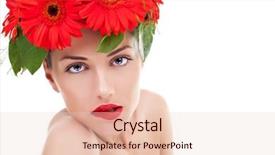  Presentation with white flowers - Slide deck consisting of sensual young woman wearing a wreath of gerbera flowers and looking into the camera biting her red lips isolated on white background and a lemonade colored foreground