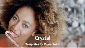  Presentation with cane - Presentation theme having sensuous young woman licking a red and white striped candy cane symbolic of christmas and the holiday season as she looks at the camera with a smile close up of her face against an xmas tree background and a coral colored foreground