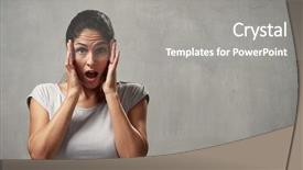  Presentation with crime woman on the run - PPT theme with sentiment - surprised afraid woman background and a gray colored foreground