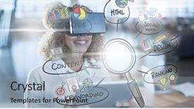  Presentation with virtual reality - Colorful slide deck enhanced with seo concept against woman wearing backdrop and a light blue colored foreground
