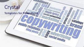  Presentation with cup coffee - Colorful theme enhanced with seo headlines - copywriting word cloud in blue backdrop and a lemonade colored foreground