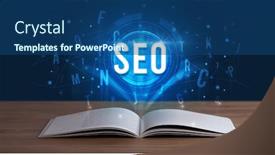  Presentation with digital book - Cool new presentation with seo-inscription-coming-out backdrop and a ocean colored foreground