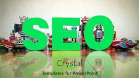  Presentation with robots - Amazing PPT theme having seo on wooden floor with reto robots backdrop and a seafoam green colored foreground