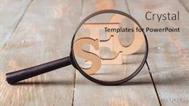  Presentation with search engine - Slide set enhanced with seo word formed with white letters and magnifying glass search engine optimization concept background and a mint green colored foreground