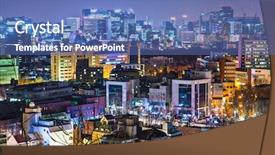  Presentation with korea - Presentation theme featuring seoul south korea evening skyline background and a teal colored foreground