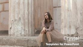  Presentation with brown leather - Slide set consisting of sepia filtered photo of teen girl wearing brown tulle skirt knitted oversized sweater and leather boots posing in city street background and a gray colored foreground