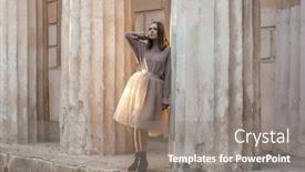  Presentation with brown leather - Beautiful slide deck featuring sepia filtered photo of teen girl wearing brown tulle skirt knitted oversized sweater and leather boots posing in city street backdrop and a gray colored foreground
