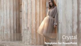  Presentation with brown leather - Colorful slide set enhanced with sepia filtered photo of teen girl wearing brown tulle skirt knitted oversized sweater and leather boots posing in city street backdrop and a gray colored foreground