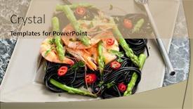  Presentation with chilli - Colorful presentation theme enhanced with sepia spaghetti with prawns asparagus and chilli backdrop and a coral colored foreground