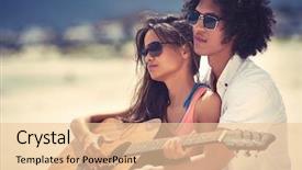  Presentation with two cute sisters playing - Amazing PPT theme having serenading on beach in love backdrop and a lemonade colored foreground