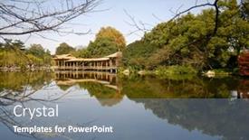  Presentation with tranquil - Cool new PPT theme with serene and tranquil lake reflecting a building at the west lake in hangzhou china backdrop and a gray colored foreground
