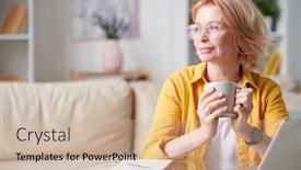  Presentation with working remotely - Colorful slide deck enhanced with serene-mature-female-with-short backdrop and a coral colored foreground