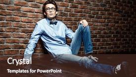  Presentation with serene - Beautiful slide set featuring serene melancholic young man sitting on the floor and looking pensively forward brick wall background copy space backdrop and a tawny brown colored foreground