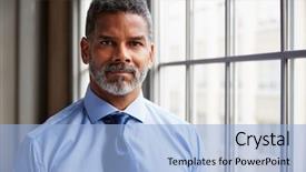  Presentation with aged - Slide deck with serious - middle aged black businessman looking background and a light blue colored foreground