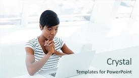  Presentation with african american leadership - PPT theme featuring serious african american businesswoman sitting background and a  colored foreground