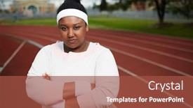  Presentation with fat - Amazing PPT theme having serious african-american fat girl in activewear crossing her arms on chest while standing on stadium backdrop and a red colored foreground