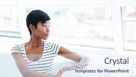  Presentation with accountant - Colorful slides enhanced with serious african american young woman accountant sitting in office backdrop and a sky blue colored foreground