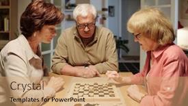  Presentation with chessboard - PPT theme having serious-aged-woman-thinking background and a coral colored foreground