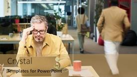  Presentation with data analyst - PPT theme consisting of serious-analyst-or-manager-analyzing background and a yellow colored foreground