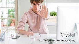  Presentation with young college student diagnosis of sti - Slide set consisting of serious and confident expression defens background and a white colored foreground