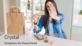  Presentation with ready to eat meal delivery - Amazing slide deck having protecting fish - beautiful young woman eating asian backdrop and a soft green colored foreground