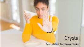  Presentation with healthy snack - Theme featuring young african american woman eating a sandwich as healthy snack with open hand doing stop sign with serious and confident expression defense gesture background and a yellow colored foreground