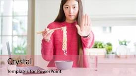  Presentation with defense - Slide set featuring laptop and eating asian noodles background and a coral colored foreground