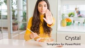  Presentation with asian chopsticks - Amazing PPT theme having young woman eating a bowl of asian rice using chopsticks with open hand doing stop sign with serious and confident expression defense gesture backdrop and a coral colored foreground
