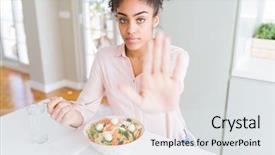  Presentation with healthy eating - Colorful presentation enhanced with serious and confident expression defense backdrop and a light gray colored foreground