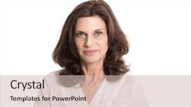  Presentation with older woman - Presentation enhanced with serious and doubtful older woman background and a soft green colored foreground