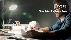  Presentation with new office - PPT theme with serious-architect-in-eyeglasses-working background and a dark gray colored foreground