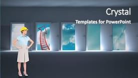  Presentation with opening doors - Presentation consisting of serious attractive architect posing against doors opening to show red arrow and sky background and a ocean colored foreground