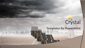  Presentation with bumpy road - Amazing presentation theme having serious attractive architect posing against bumpy road leading to city backdrop and a light gray colored foreground