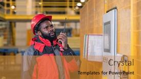  Presentation with walkie talkie - Audience pleasing PPT theme consisting of serious-bearded-black-repairing-engineer backdrop and a gold colored foreground