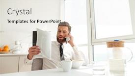  Presentation with reading table - PPT layouts enhanced with serious bearded business man reading journal and talking on smartphone by the table in kitchen background and a sky blue colored foreground