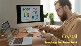  Presentation with computers - Audience pleasing slide set consisting of serious-bearded-designer-in-eyeglasses backdrop and a tawny brown colored foreground