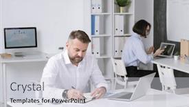  Presentation with ideas - PPT layouts enhanced with serious-bearded-employer-thinking background and a light gray colored foreground