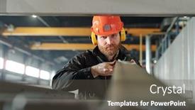  Presentation with ear - Presentation design with serious-bearded-manual-worker background and a dark gray colored foreground
