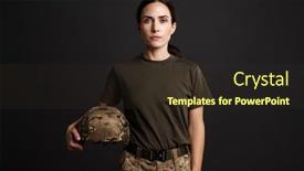  Presentation with black woman - PPT layouts with serious-beautiful-soldier-woman-posing background and a tawny brown colored foreground