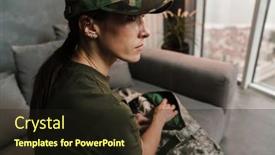  Presentation with bag - Colorful presentation theme enhanced with serious-beautiful-soldier-woman-sitting backdrop and a wine colored foreground