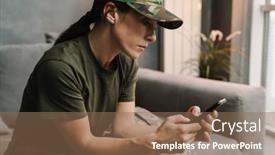  Presentation with phone - Presentation theme having serious-beautiful-soldier-woman-using background and a coral colored foreground