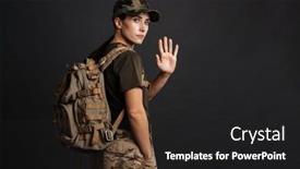  Presentation with black hand - PPT theme enhanced with serious-beautiful-soldier-woman background and a dark gray colored foreground