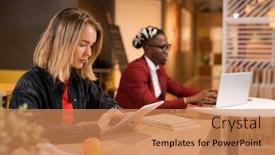  Presentation with scrolling - PPT theme having serious blonde girl in casualwear sitting by table in college cafe and scrolling in touchpad at break background and a coral colored foreground