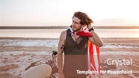 Presentation with american flag - PPT theme with serious brutal man wearing american flag cape and golden helmet standing near a motorcycle at the desert background and a coral colored foreground