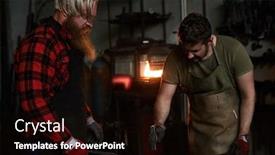  Presentation with hot metal - Cool new presentation theme with serious brutal manual workers in aprons hammering hot iron while changing shape of heated metal together in workshop backdrop and a wine colored foreground