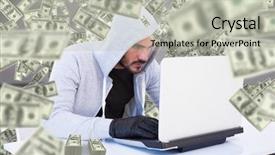  Presentation with laptop wireless - Slides enhanced with serious burglar hacking into laptop background and a light gray colored foreground