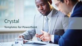  Presentation with to get more things done - PPT theme having serious business - male partners discussing importrant things background and a  colored foreground