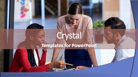  Presentation with business office desk - Slides with serious business - team of colleagues discussing background and a  colored foreground