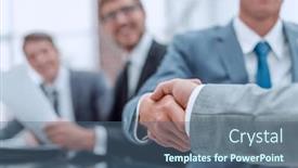  Presentation with business partner - Theme consisting of serious-business-man-shaking-hands background and a ocean colored foreground