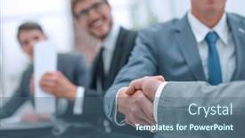  Presentation with business partner - PPT theme consisting of serious-business-man-shaking-hands background and a ocean colored foreground